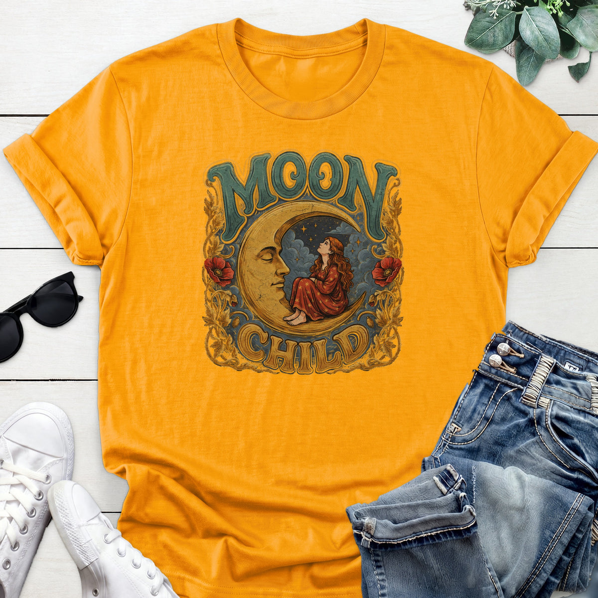 Moon Child Crescent Tee — Gold