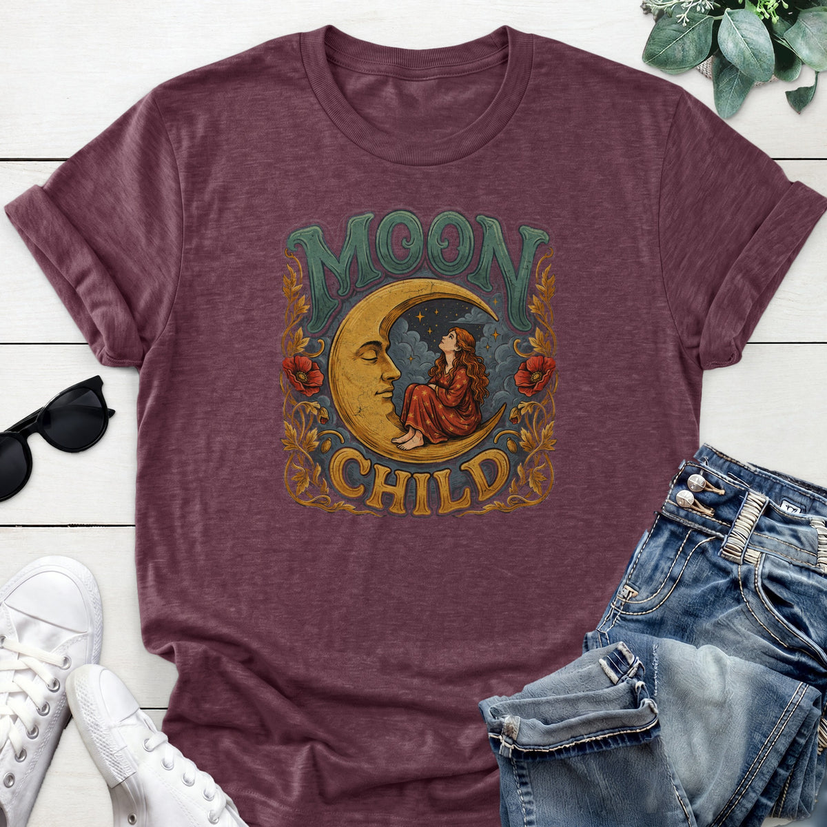 Moon Child Crescent Tee — Heather Maroon