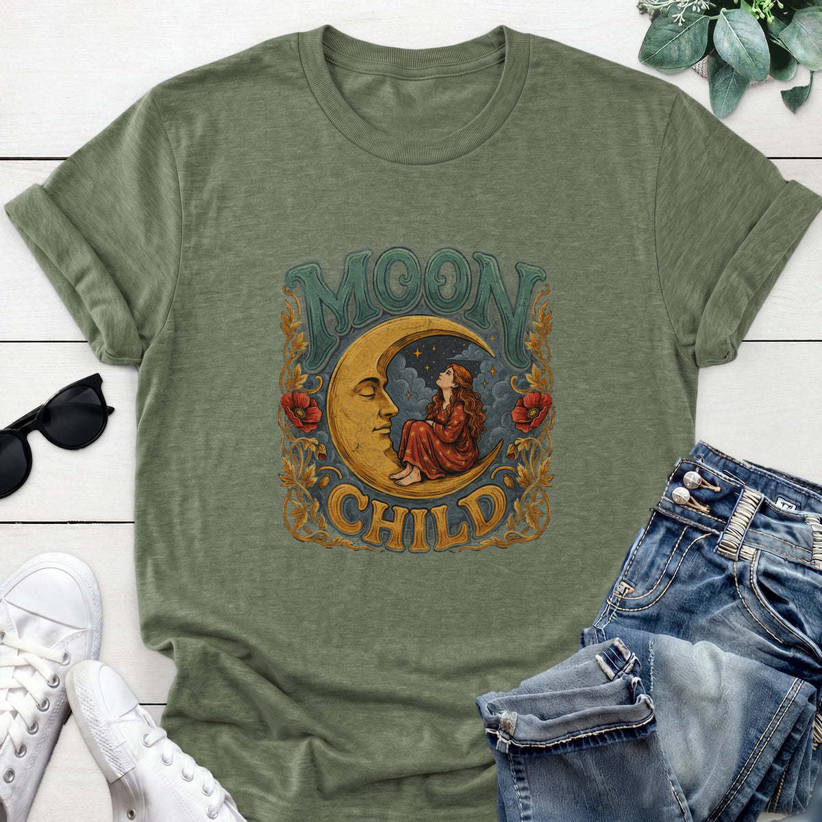 Moon Child Crescent Tee — Heather Military Green