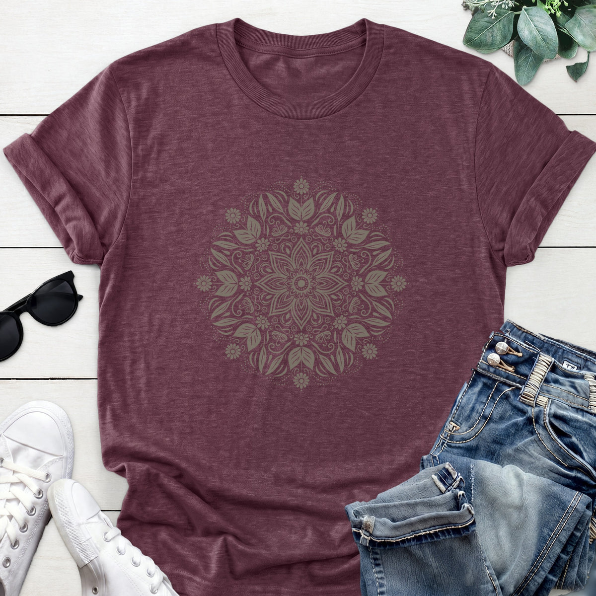 Floral Mandala Tee — Heather Maroon