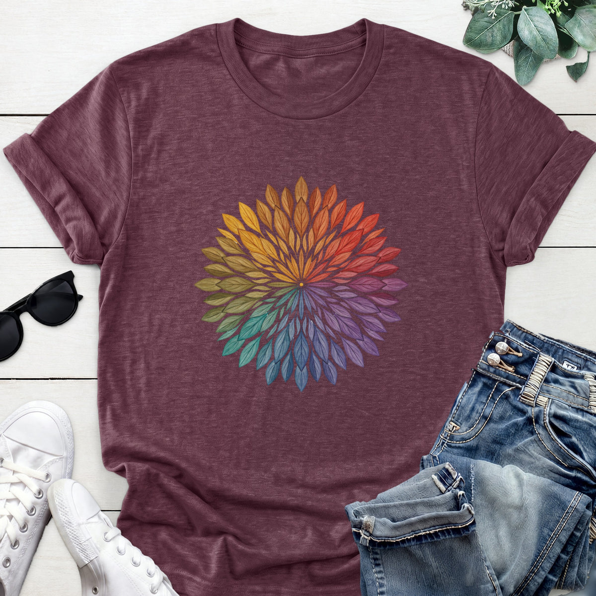 Rainbow Leaf Mandala Tee — Heather Maroon