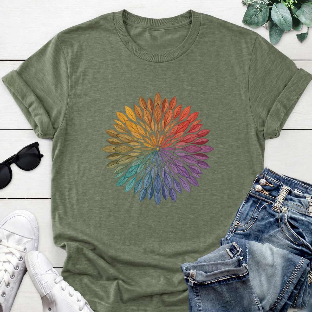 Rainbow Leaf Mandala Tee — Heather Military Green