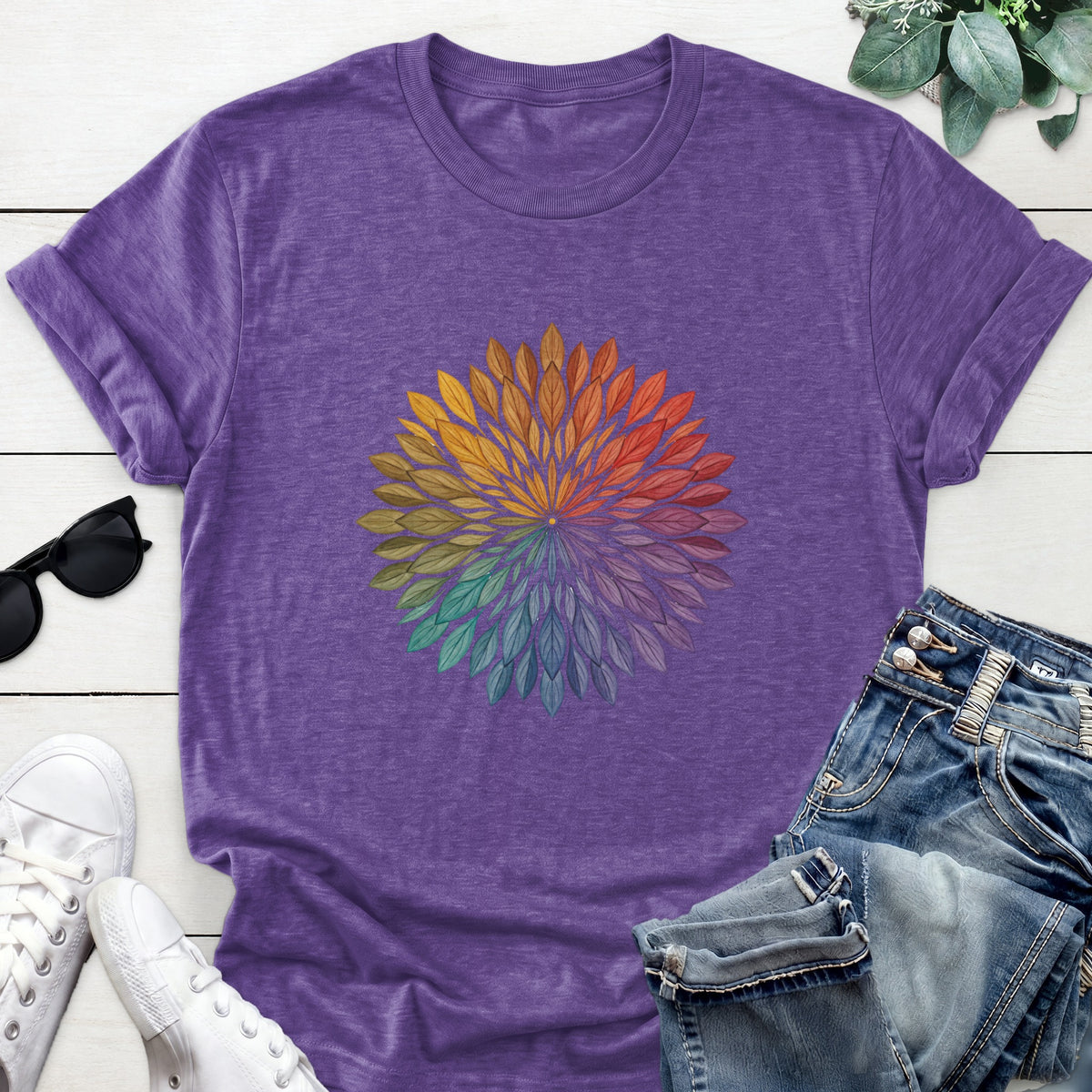 Rainbow Leaf Mandala Tee — Heather Purple