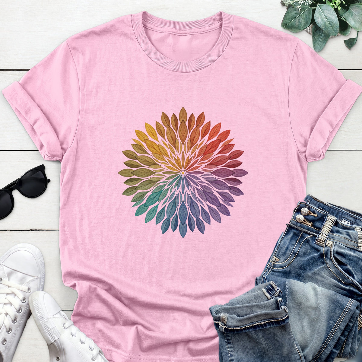Rainbow Leaf Mandala Tee — Light Pink
