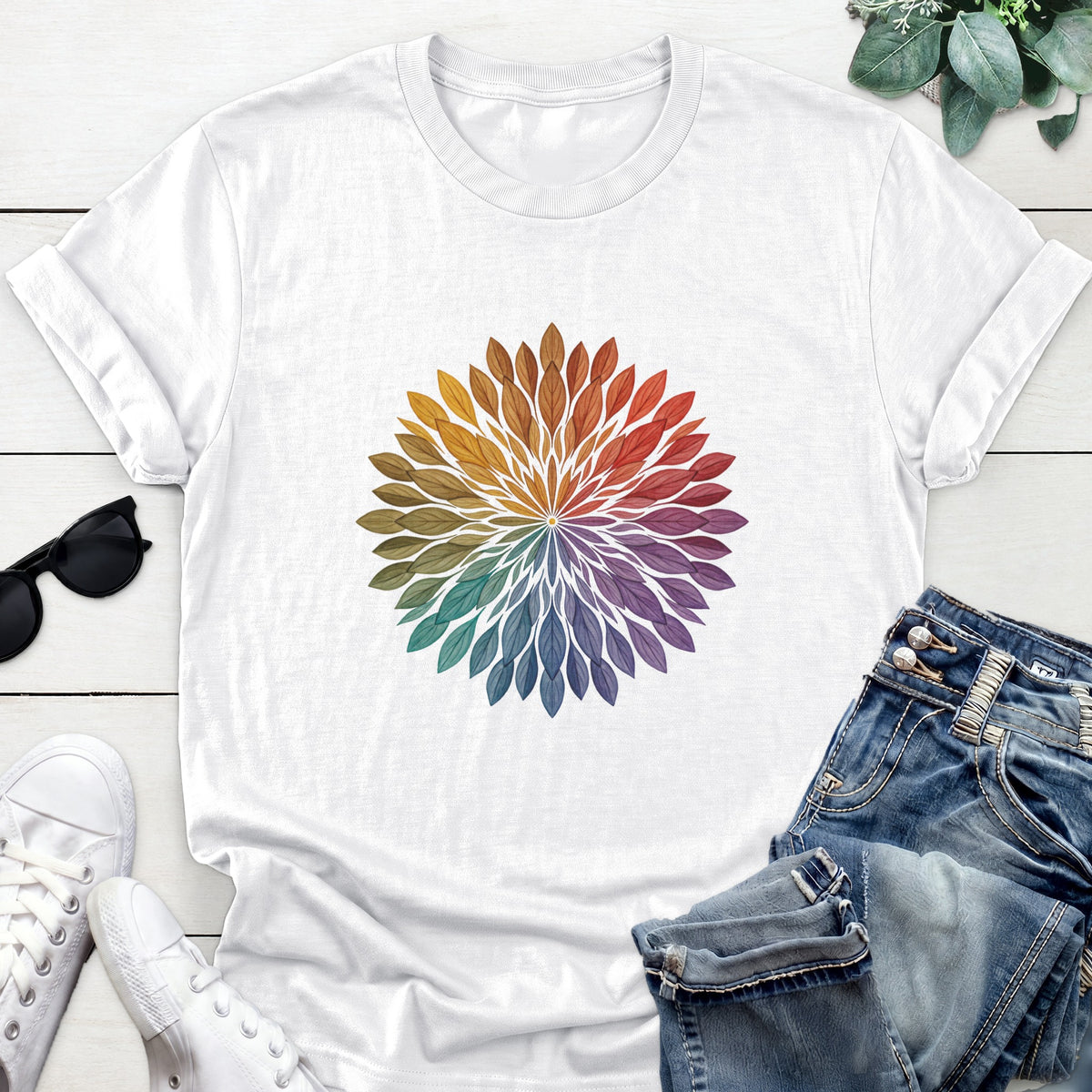 Rainbow Leaf Mandala Tee — White