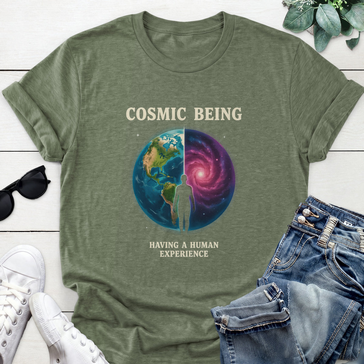 Cosmic Being Tee — Heather Military Green