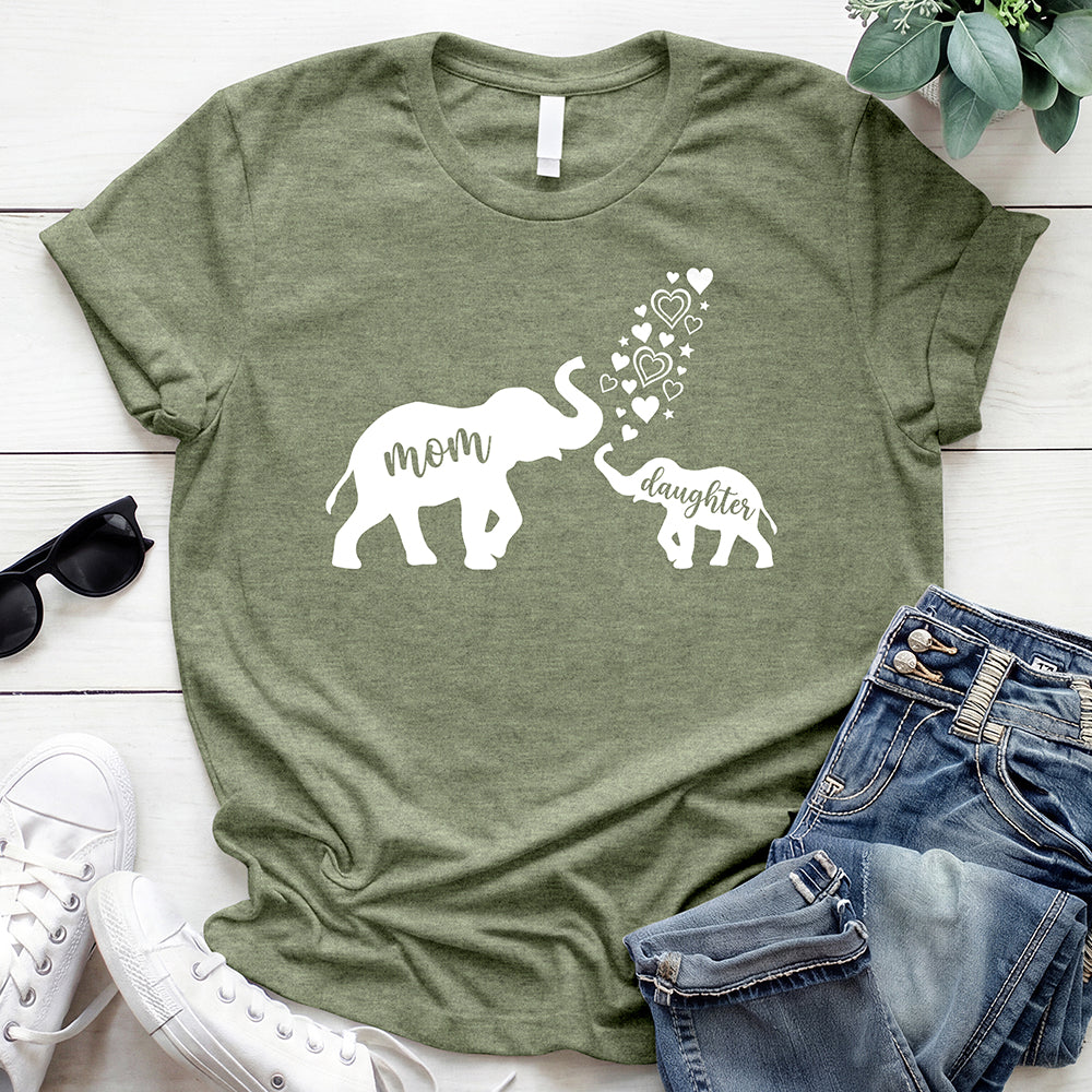 Mom and Daughter Elephant Tee - Heather Military Green